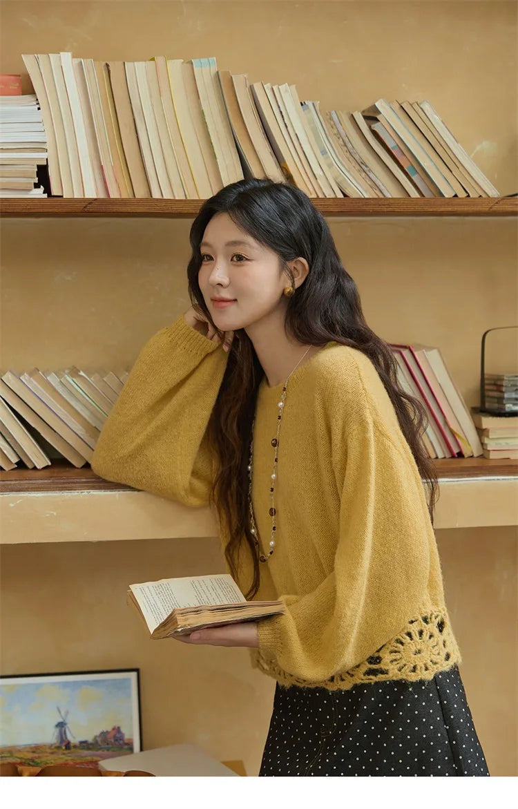 MISHOW Woman Sweaters 2025 Elegant French Hollow Out Floral Sweater Loose O-neck Long Sleeves Knit Top Autumn Clothes MXE44Z2491