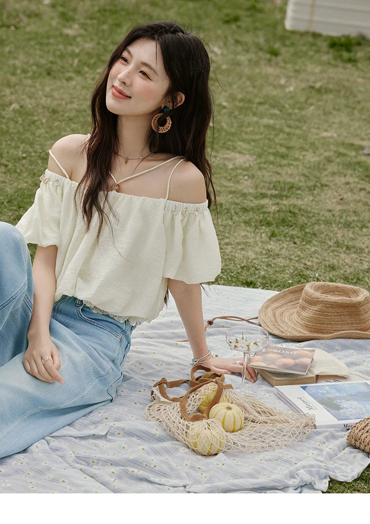 MISHOW French Summer Camisole Shirt Female 2025 New Solid Off-shoulder Short Sleeve Lace Tops Fashion Gentle Blouses MXE33X1755