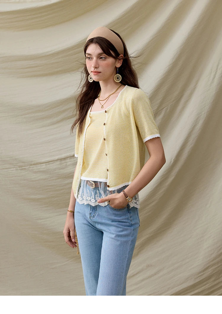 MISHOW Summer Camisole Cardigan Sets for Women 2025 Short Sleeve Round Neck Hem Lace Knitted Tops Female Fashion MXE33T0582