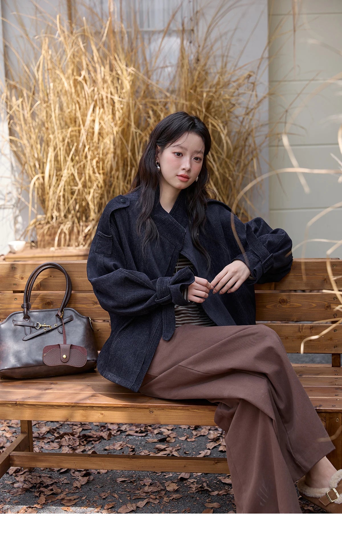 MISHOW Navy Blue Short Jacket for Women 2025 Autumn Winter Safari Style Stand Collar Epaulette Design Cuff Jacket MXE49W0901