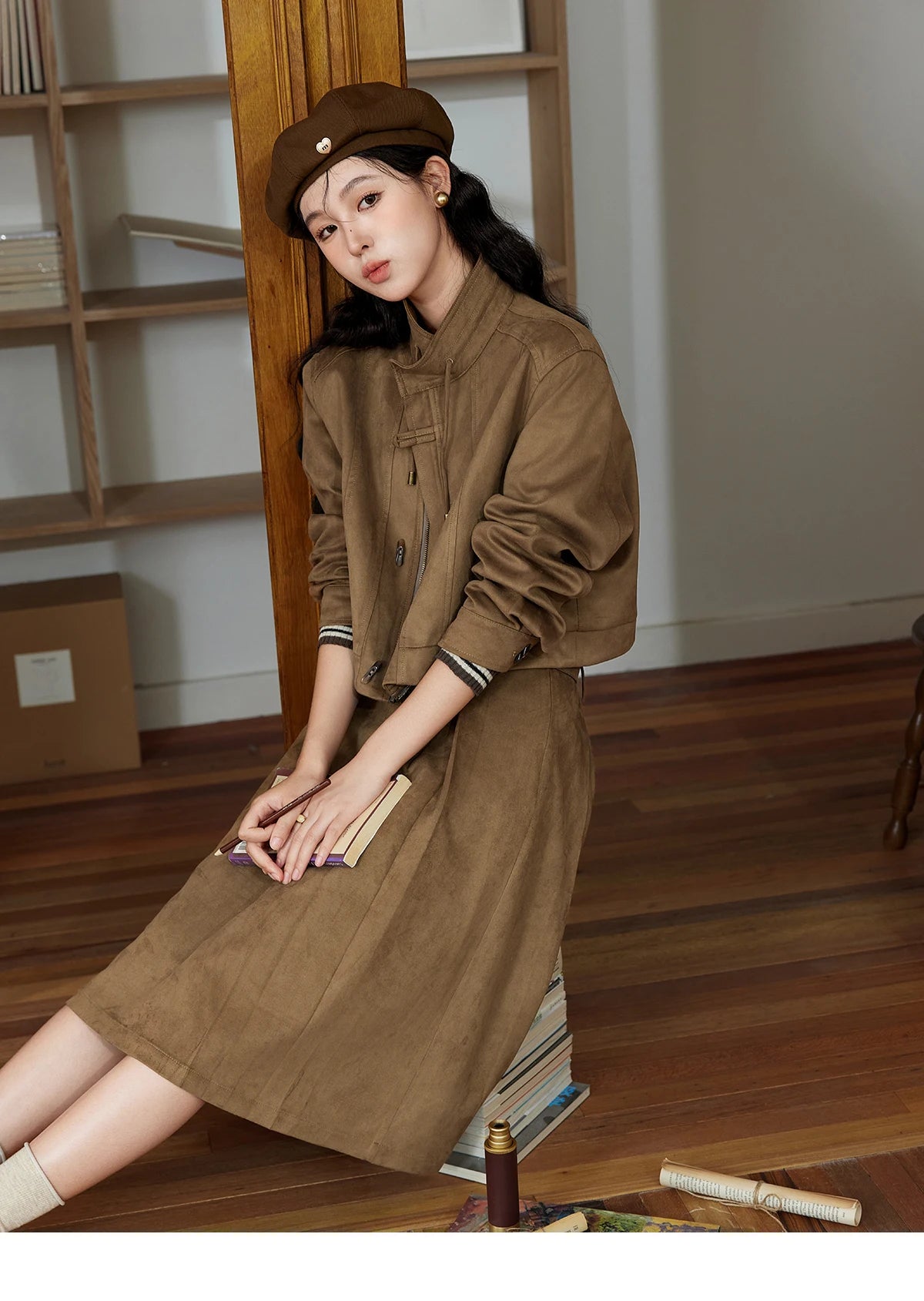 MISHOW Retro Suede Jacket Pleated Skirt Separately for Women 2024 Autumn Short Stand Neck Jacket A-line Short Skirt MXD44W0423