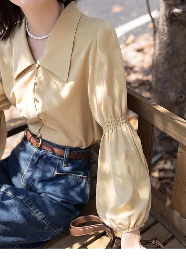 MISHOW Elegant Women's Blouse Autumn Vintage French Lantern Sleeves Turndown Collar Shirt Office Lady Female Clothing MXB32C0508