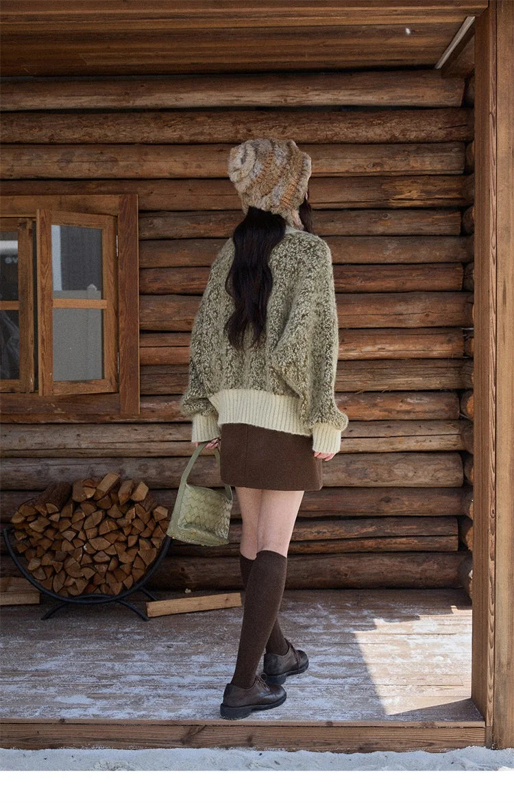 MISHOW Women's Green Retro Mottled Sweater Winter 2025 Casual Stand-up Collar Batwing Sleeves Knitted Cardigan tops MXE90Z2787