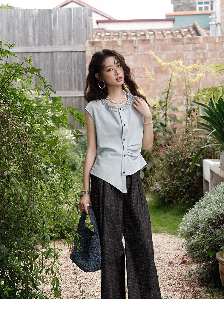 MISHOW Women's Casual Round Neck Shirt 2025 Summer New Office Lady Slim Shirt Sleeveless Button Top Female Clothing MXE38X1864