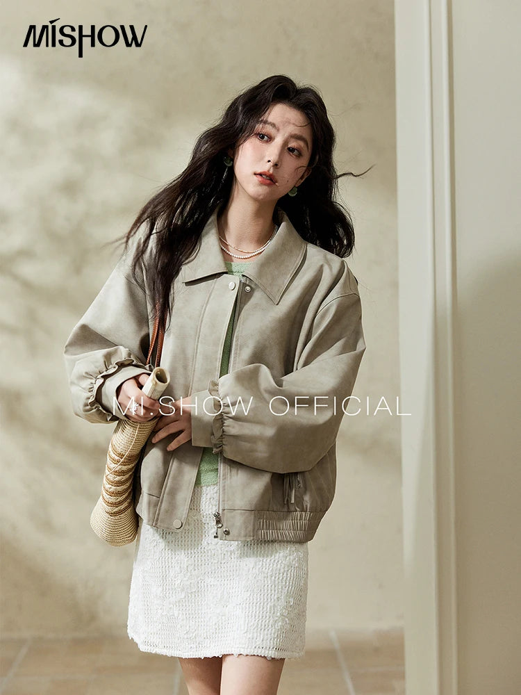 MISHOW Minimalist Short Jacket for Women Spring 2025 Casual Lapel Jacket Zipper Elastic Hem Solid Coats Streetwear MXE13W0715