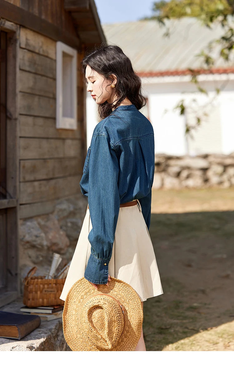 MISHOW 100 Cotton Denim Shirt French Retro Long Sleeved Shirt for Women 2025 Spring Loose Fit O Neck Casual Shirt Top MXE12C0384