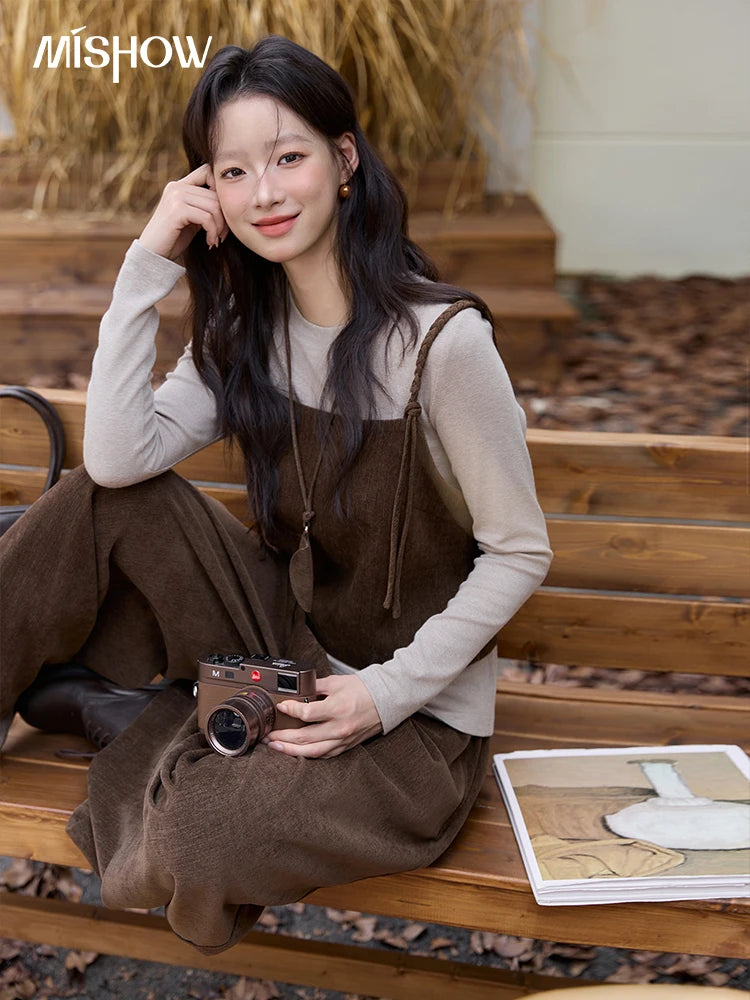 MISHOW Three-piece Suit Women 2025 Retro Brown Vest Wide-leg Pants Gray Long Sleeves Tops Autumn Women's Pants Set MXE49T1422