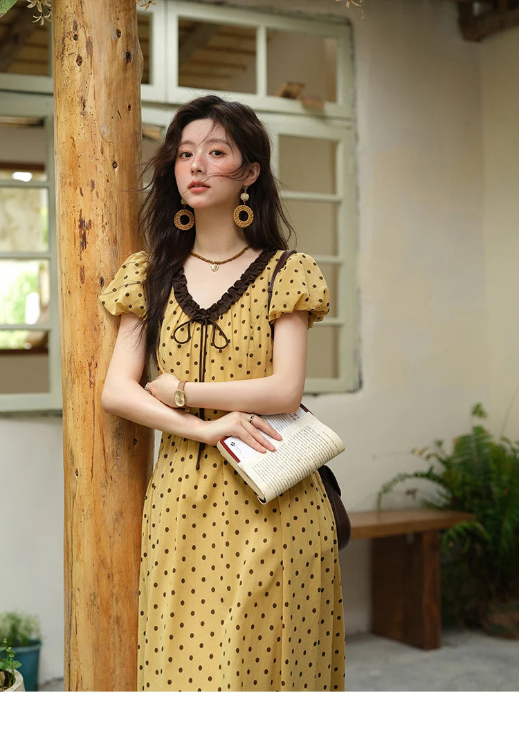 MISHOW Women's Casual Polka Dot Dress 2025 Summer New Ladies Puff Sleeve V-neck Lace Up Ruffle Edge Pocket Dresses MXE39L2326