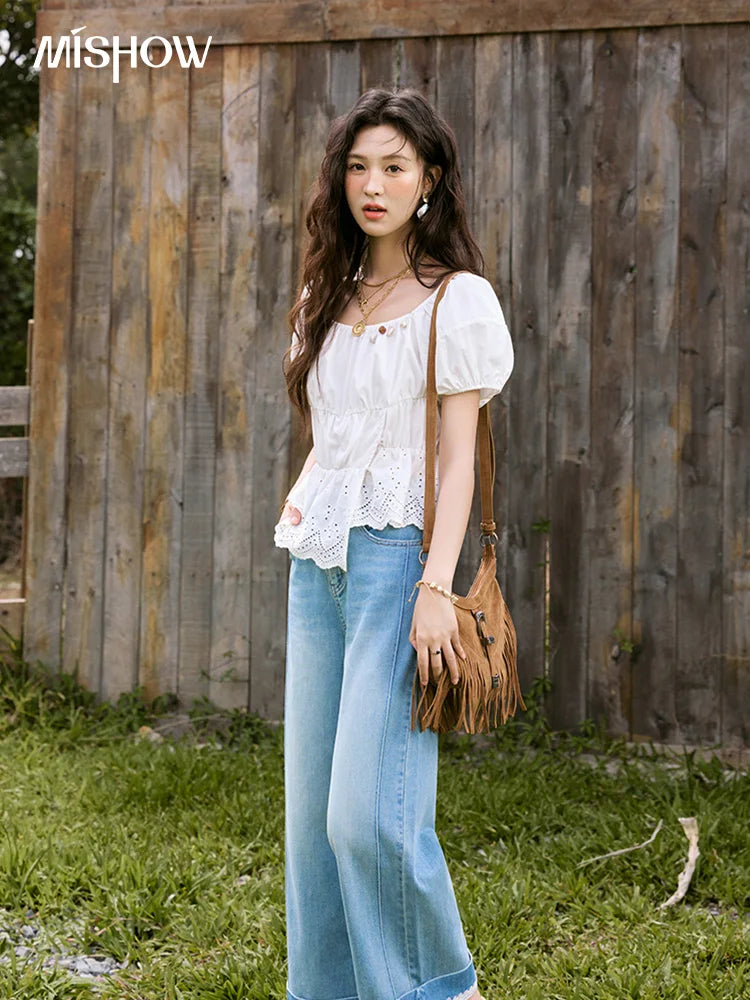 MISHOW French Summer Casual Blouses 2025 Solid Short Puff Sleeve Hem Hollow Cotton Tops Loose Collar Beading Blouse MXE33X1776