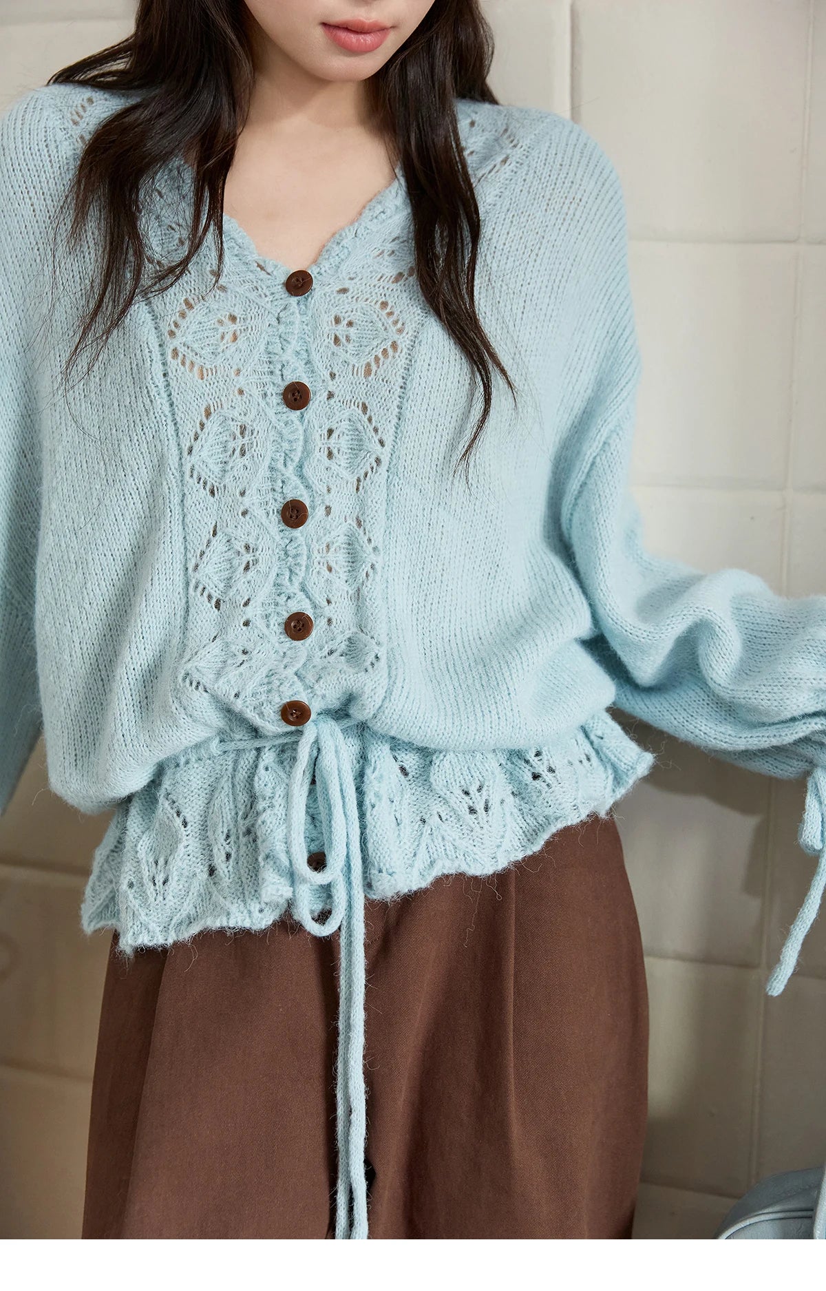 MISHOW Elegant Cardigan Women 2025 Autumn Design Hollow Knit Sweater V-neck Flared Sleeves Loose Casual Sweater MXE47Z2513