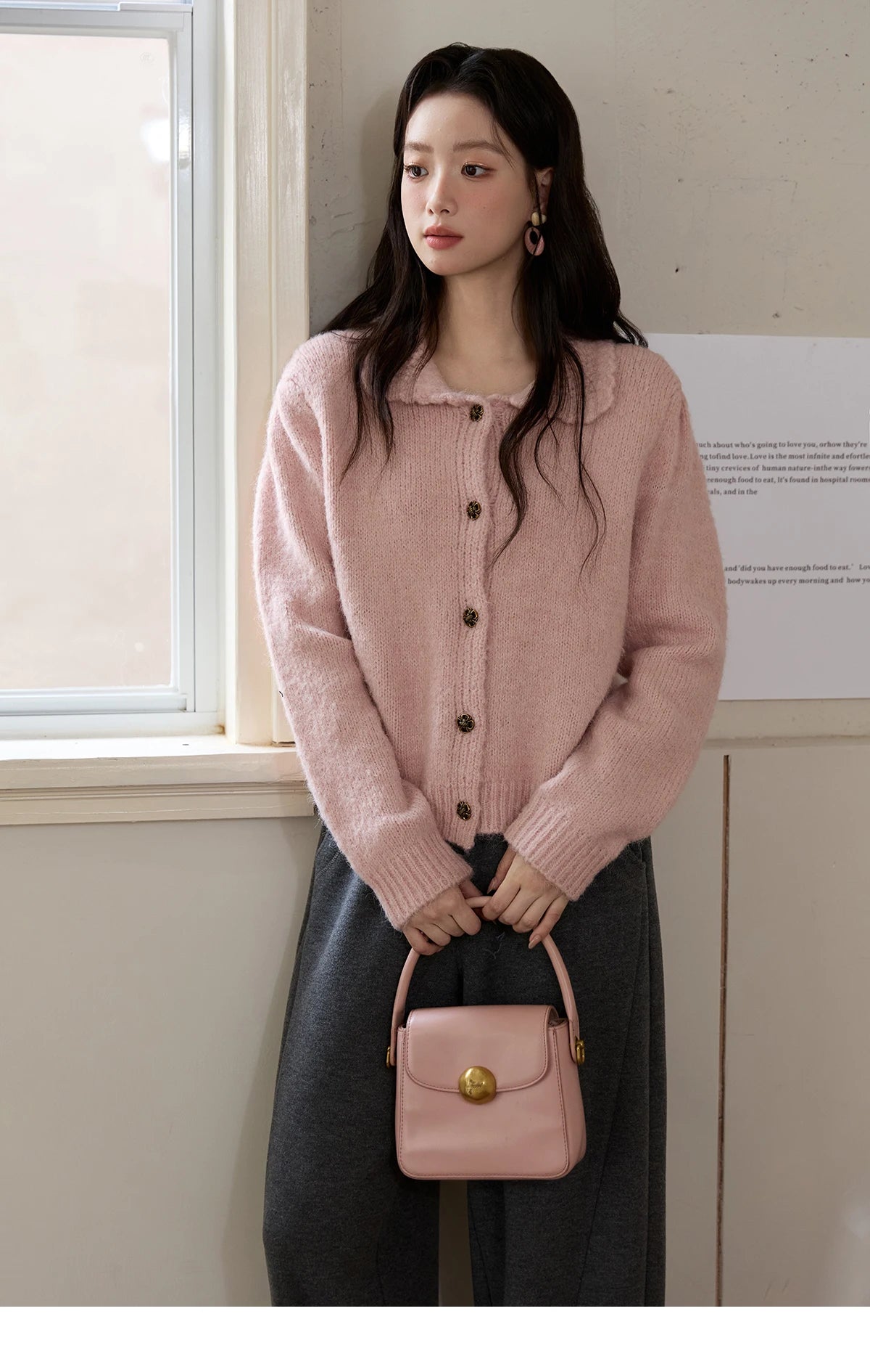 MISHOW Pink French Cardigan Women 2025 Autumn Winter New Sweet Turn-down Collar Single-breasted Loose Knit Sweater MXE48Z2569