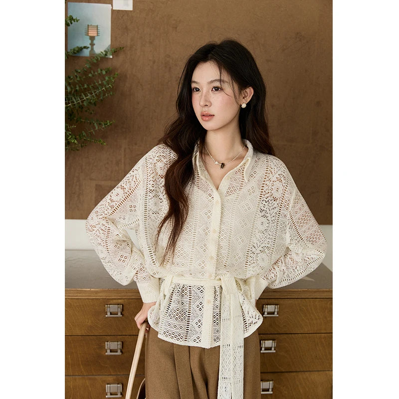 MISHOW Women's Hollow-out Lace Shirt Camisole Set 2026 Spring Lapel Drawstring Waist Sheer Casual Two-Piece Knitwear MXF108C0816