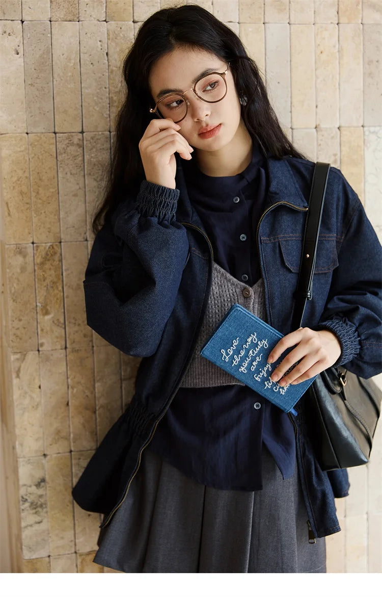 MISHOW Woman Shirt Set 2025 Autumn Fashion New Navy Blue Ribbon Design Layered Shirt Knit Camisole Two-piece Suit MXE47T1412