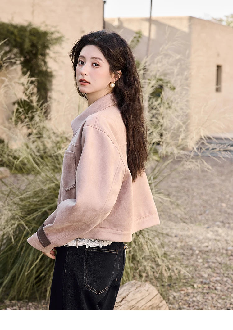 MISHOW Suede Symmetric Pocket Jacket American Vintage Zipper Short Outwear 2024 Winter Sweet Slim Lapel French Jacket MXD48W0478