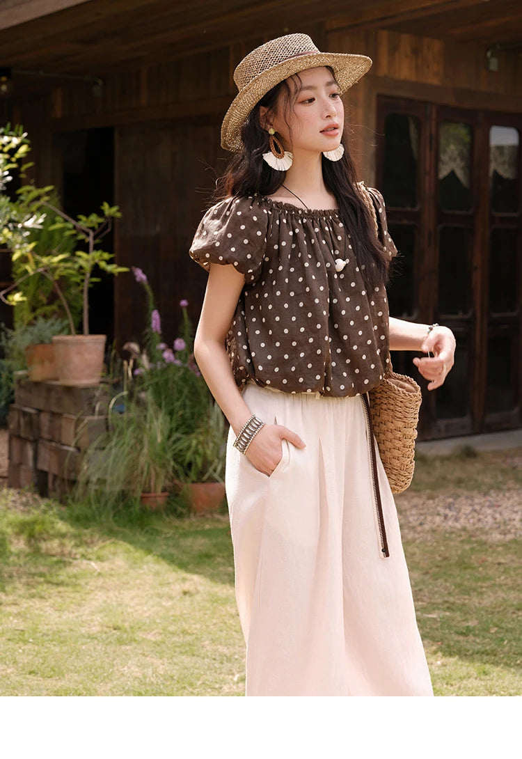 MISHOW Women's Two-Piece Set Fashion Polka Dot One Shoulder Puff Sleeve Blouse Summer 2025 Casual Wide Leg Pants Set MXE38T0683