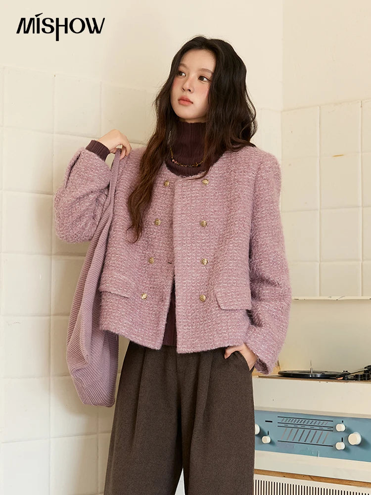 MISHOW Wool Coat Woman 2025 Purple Luxury O-neck Double-breasted Tweed Coat Commute Short Jacket Winter Clothes MXE88W0881