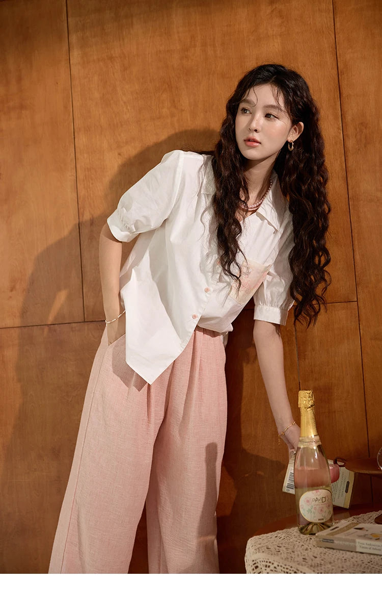 MISHOW Women's 100 Cotton Short Sleeved Shirt Loose 2025 Summer Embroidered Pocket Top Polo Neck Puff Sleeve Shirts MXD26C0243