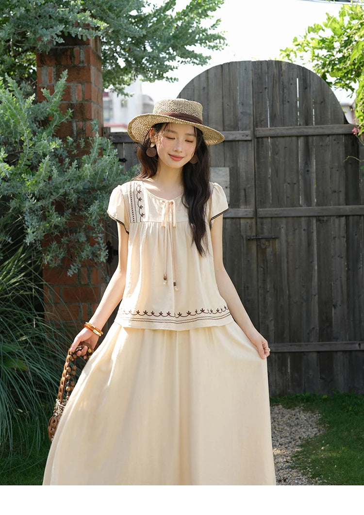 MISHOW Women Two Piece Set 2025 Summer Female Embroidery Flying Sleeve Lace Spliced Top Loose Elastic Waist Skirt Set MXE39T0667