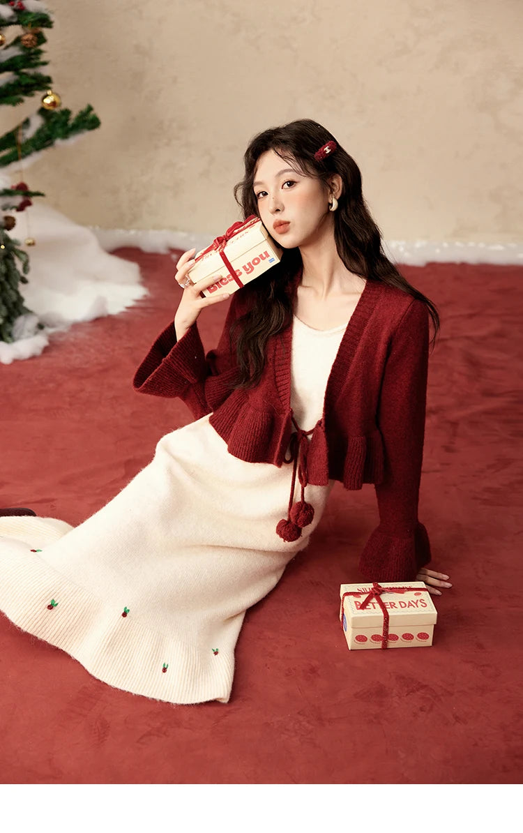 MISHOW Christmas New Year Ruffle Strap Dress Pom-Pom Lace-up Knitted Cardigan Sepertely 2024 Hem Fish Tail Dresses MXD59L2133