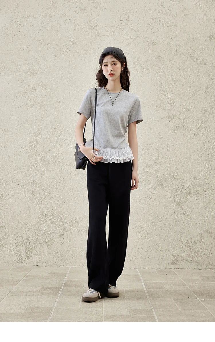 MISHOW Lace Hem Splicing T-shirt for Women Spring/summer 2025 Round Neck Versatile Top Streetwear Solid Casual Tees MXE31T0528