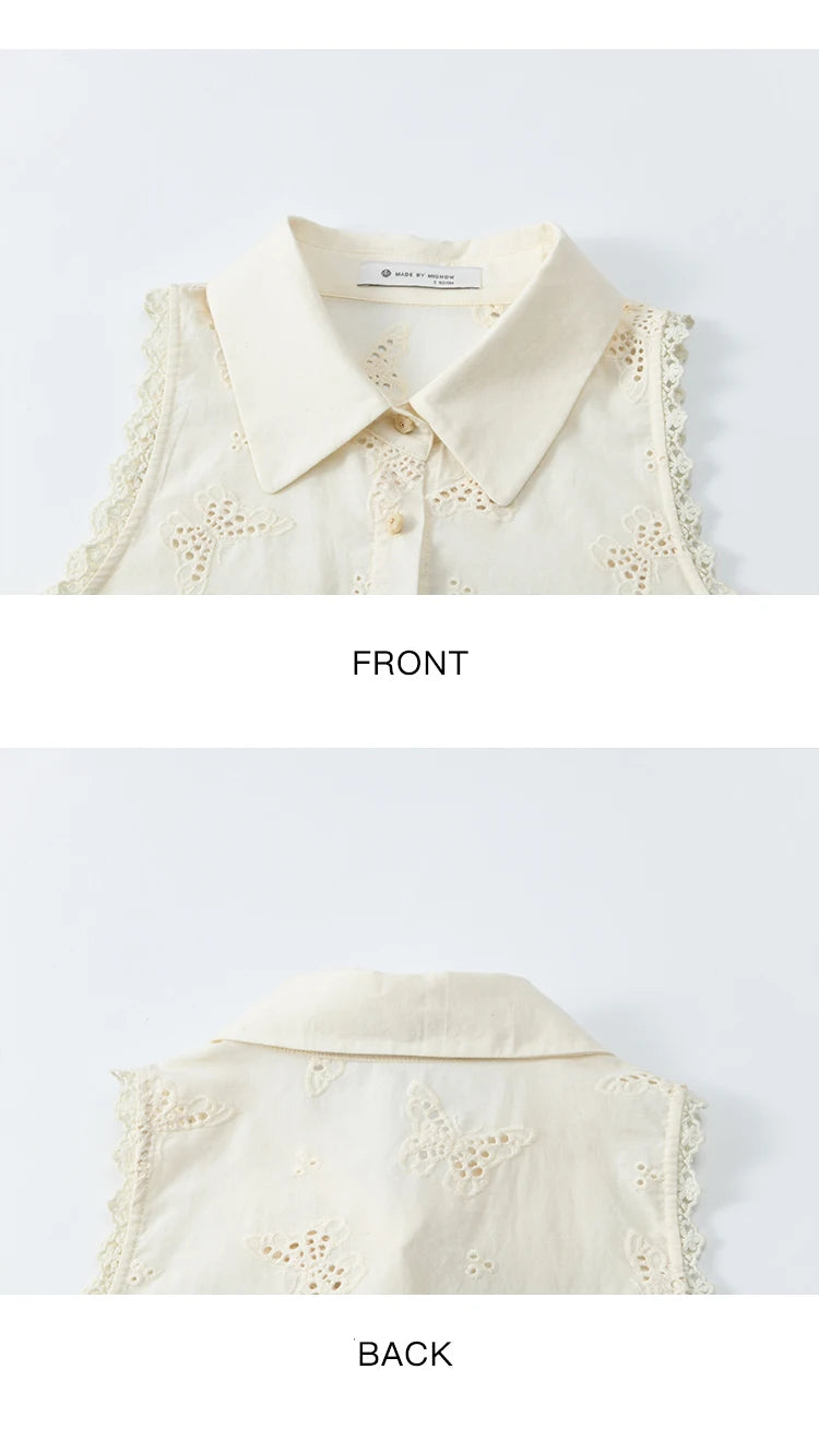 MISHOW 100 Cotton Butterfly Hollow Lace Lapel Shirt for Women Single Breasted Elegant Breathable Shirts with Tube Top MXE34X1808