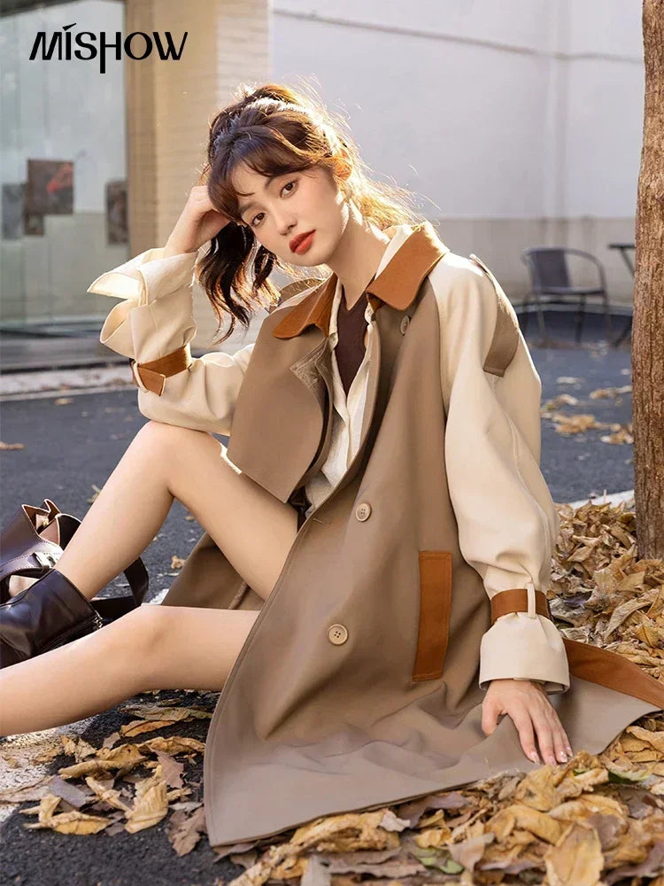 MISHOW Autumn Women's Khaki Trench Contrast Color Woman Clothes Spliced Turn-down Collar All-match Casual Jacket MXB31W0367