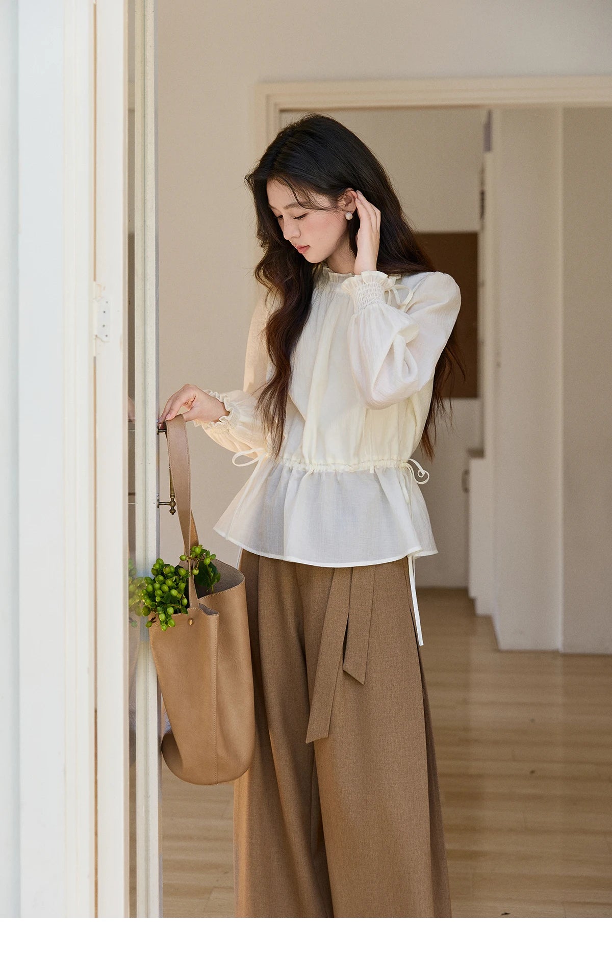 MISHOW Women's Ruffled Stand Collar Blouse 2026 Spring Flower Decor Apricot Blouses Drawstring Waist Puff Sleeve Top MXF11C2428