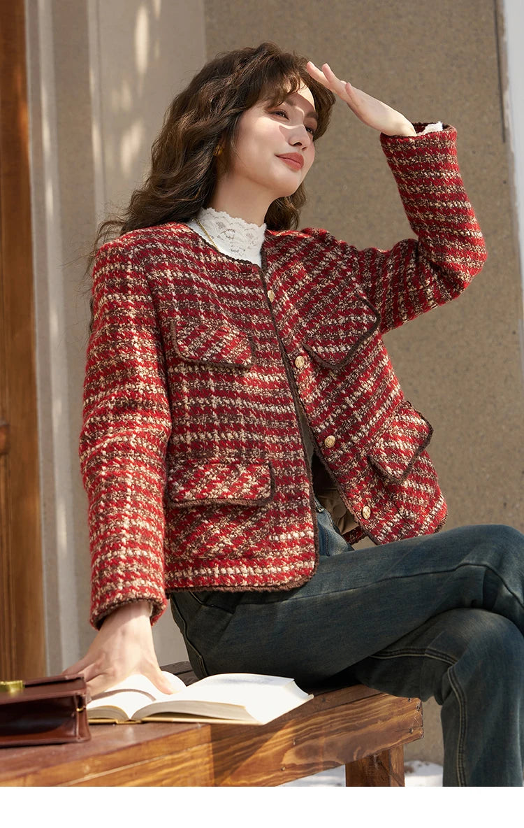 MISHOW Tweed Jacket for Women Luxury 2025 Winter Wool Blend Thick Coat High Quality Fashion Crew Neck Outerwear Top MXC57Y0021