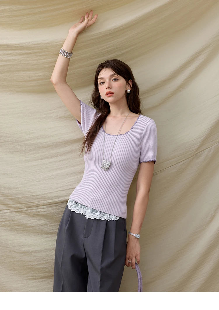 MISHOW Office Lady Summer Sweater Women 2025 New Solid Short Sleeve Lace Collar Contrast Color Hook Design Tops Slim MXE33Z1218