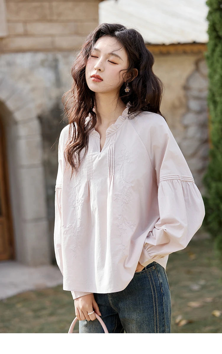 MISHOW Pink Cotton Ruffled Blouse Loose Long Sleeve MXE13X1699