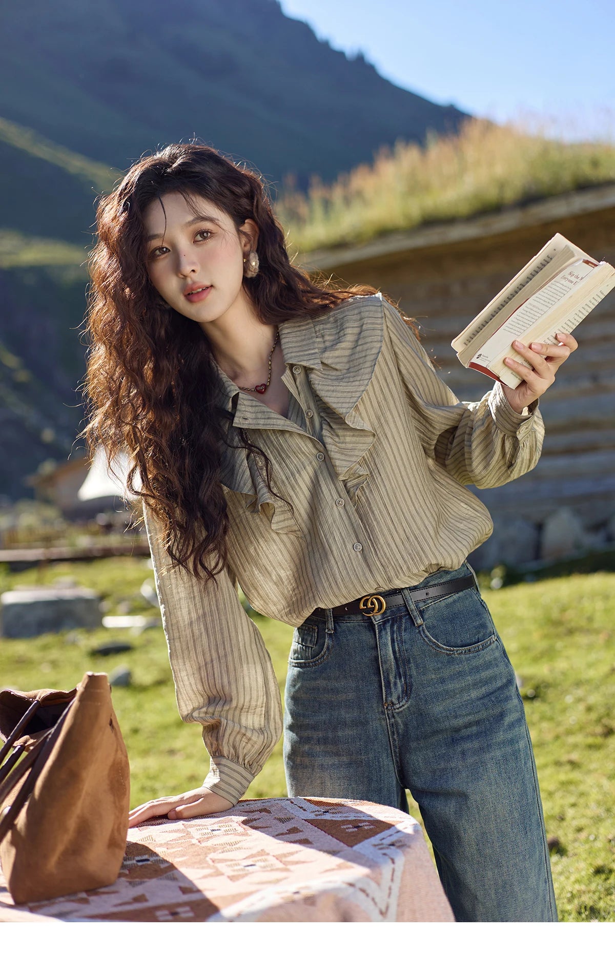 MISHOW Retro Button Long Sleeved Striped Shirt for Women 2024 Autumn Korean Flounce Polo Neck Casual Tops Office Lady MXD41C0321