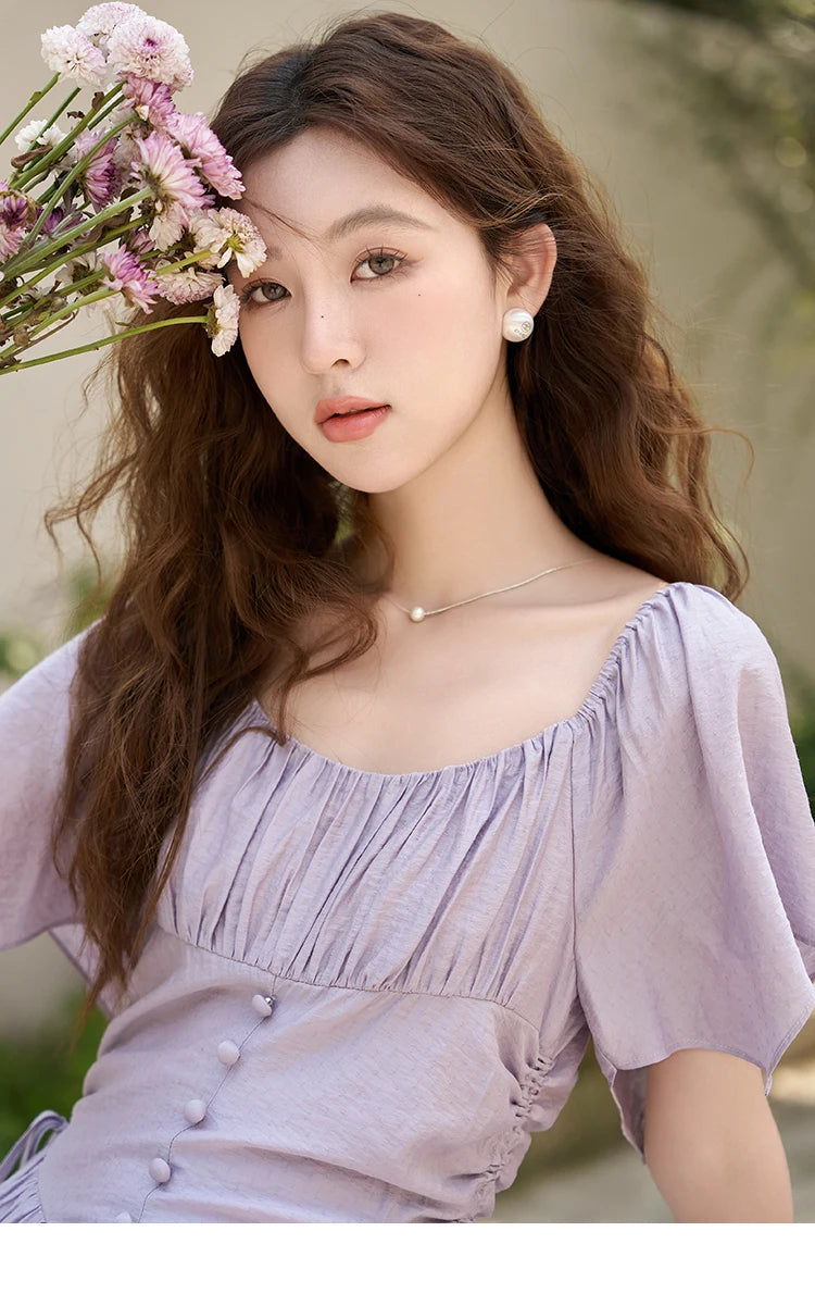 MISHOW Women's Elegant Dress 2023 Summer French A-LINE Butterfly Sleeve Square Collar Solid Lace-up Waist Dresses MXC38L1407