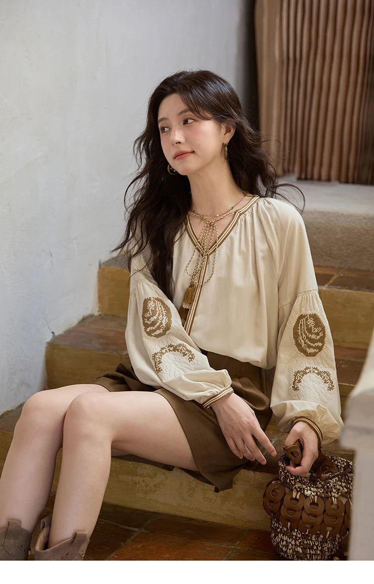 MISHOW Autumn Apricot Embroidered Blouses 2025 Contrasting Tassels Lace Up Blouses Lantern Sleeves Loose Vintage Top MXE41X1940