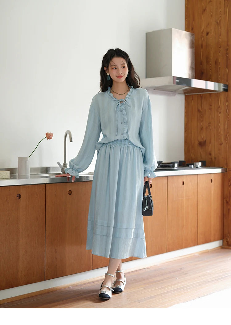 MISHOW Women's Light Blue Striped Linen Suit 2025 Autumn Fungus Edge V-neck Lace-up Shirt Elastic Waist Skirt Two pcs MXE41T0700