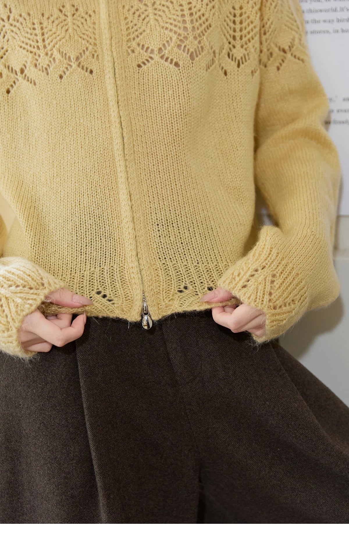 MISHOW Yellow Hollow Out Cardigan Women 2025 Autumn Winter New Hooded Zipper Sweater Loose Casual Bottoming Tops MXE46Z2584