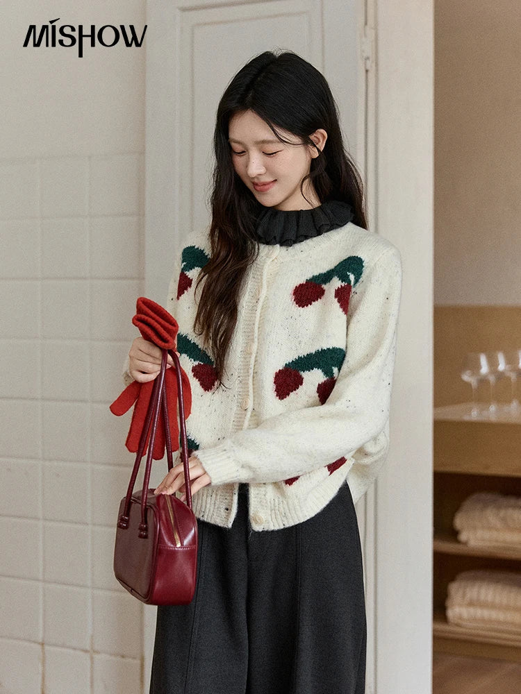 MISHOW Women's Cherry Jacquard Flecked Cardigan 2025 Autumn Winter Korean Drop Shoulder Tops Loose Crew Neck Knitwear MXE91Z2837