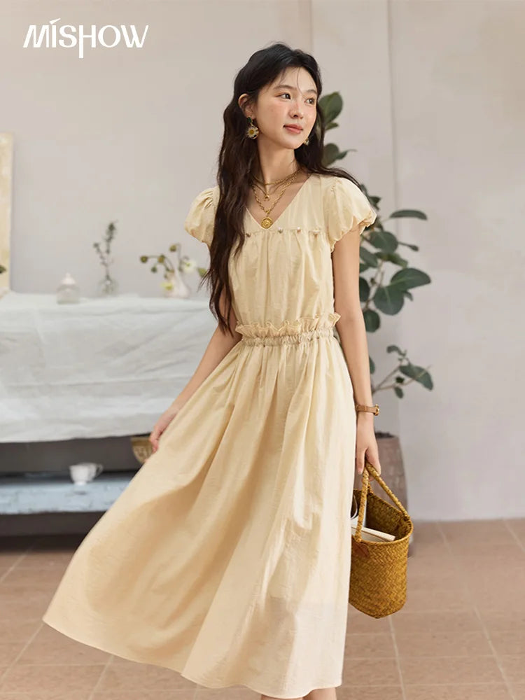 MISHOW Women Fashion Flower Bud Sleeve Slim Dress Summer 2025 New Women's Clothing V-neck Sashes Elegant Long Dress MXE34L2238