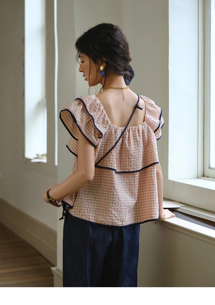 MISHOW Two-Piece Ladies Set Square Neck Ruffles Plaid Blouse High Waist Slim Wide Leg Casual Pants Set 2025 Summer MXE36T0636