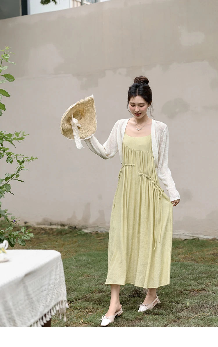 MISHOW Irregular Pleated Suspender Long Dress for Women 2025 Summer Olive Green Dress Loose Drawstring Waist Dresses MXD31L1928