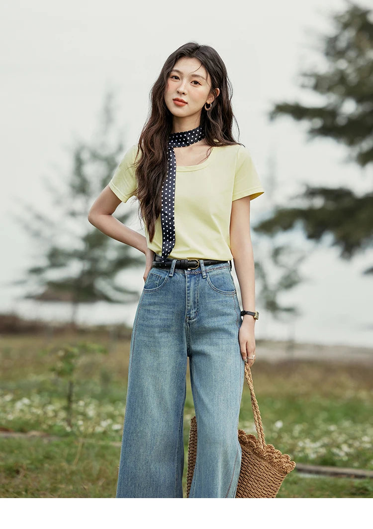 MISHOW Solid Casual T-shirts Women Summer 2025 New Square Neck Short Sleeve Shirt Female Fashion Straight Tops Woman MXE15T0483