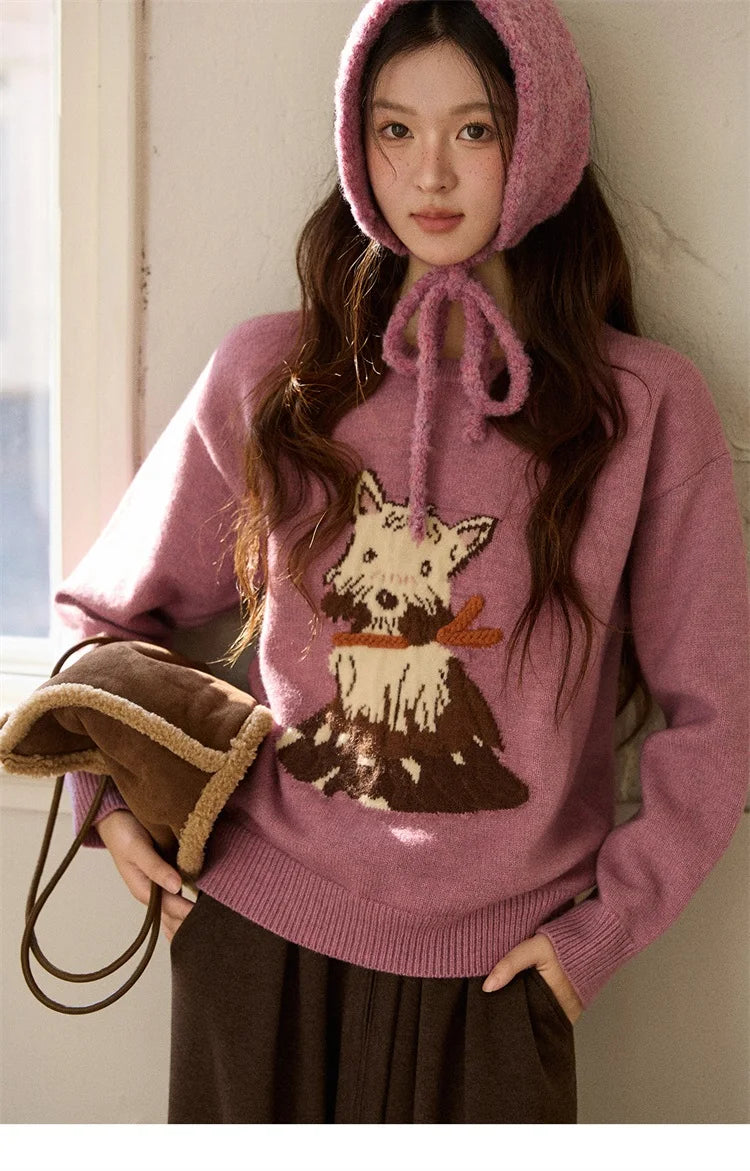 MISHOW Women's Jacquard Dog Thick Sweater Winter Purple Arctic Fleece Loose Soft Knitted Tops (Headband Not Included) MXE88Z2599