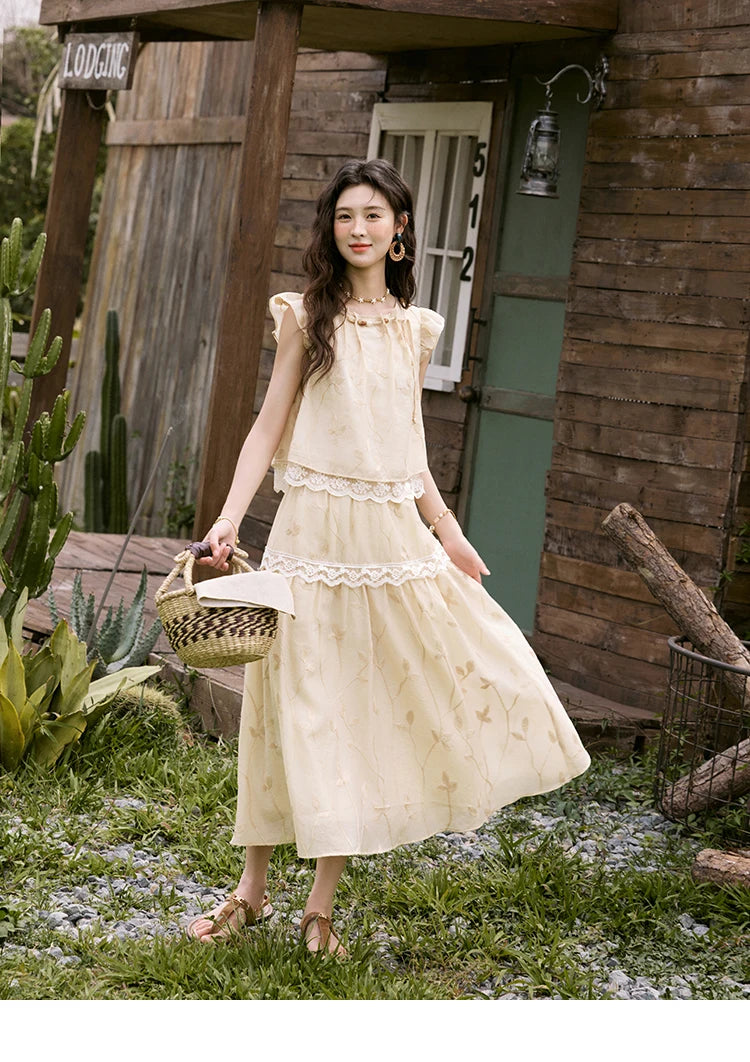 MISHOW Sweet Summer Skirt Sets Women New 2025 Short Flying Sleeve Round Neck Tops Hollow Embroidery A-line Skirt Lady MXE33T0545