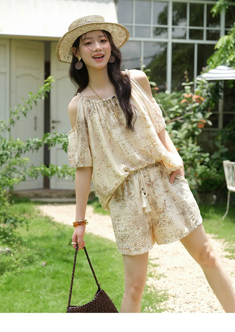 MISHOW Women's Two Piece Set 2025 Summer New Casual Bohemian Print Top Beaded Tassel Drawstring Pocket Shorts Set MXE39T0723