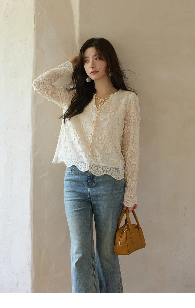 MISHOW Apricot Lace Jacquard Embroidered Shirt 2025 Autumn Black Fungus Edge Lace-up Vintage Commuter Top Office Lady MXE41X1927