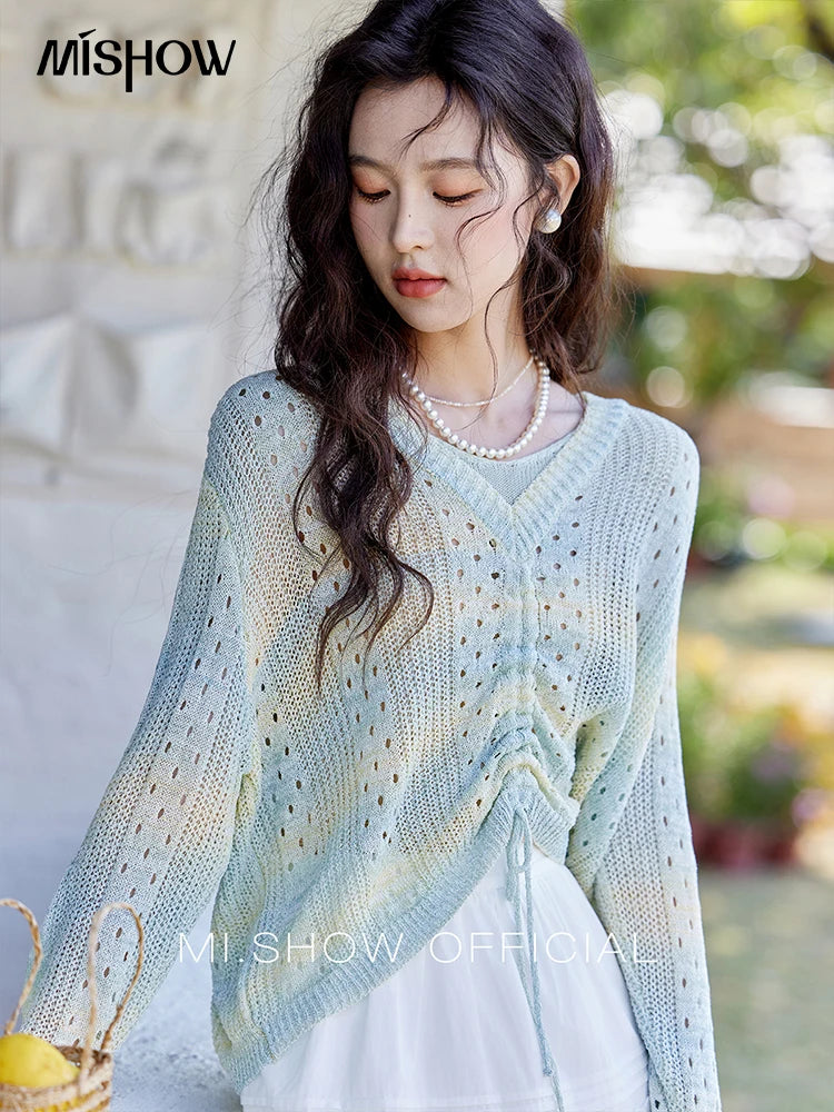 MISHOW Gradient Blue Green Knitted Sweater Women 2025 Autumn Long Sleeve V-neck Drawstring Tops New Fashion Sweaters MXE16Z1171