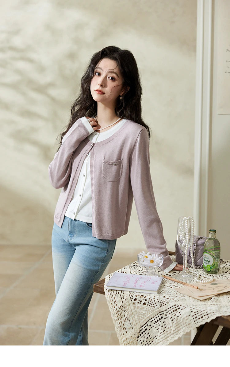 MISHOW Wool Knitted Cardigan Fake Two-piece Contrasting 2025 Spring Women Slim Fit Top O Neck Patch Pocket Sweaters MXE12Z1144