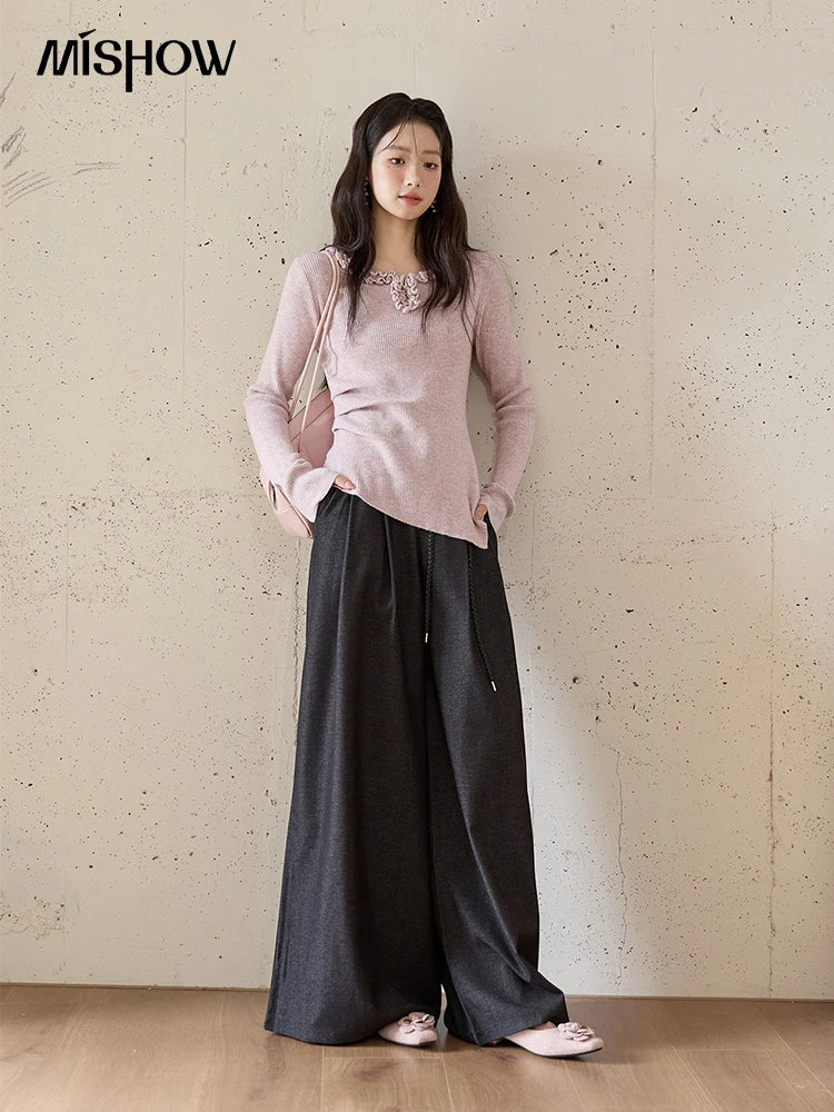 MISHOW Women's Trousers 2025 Autumn Winter Lace-up Gray Wide-leg Pants High Waist Slim Commuting Casual Pants Women MXE51K1106