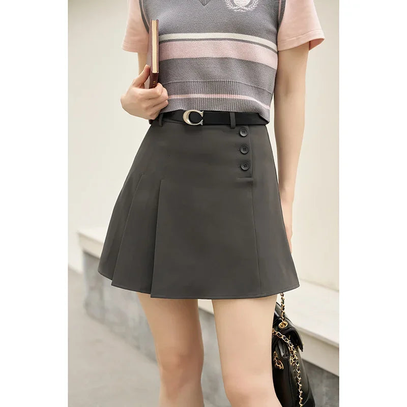 MISHOW Women's Pleated Short Skirt 2023 Summer College Style Solid High Waist Button A-LINE Above Knee Mini Skirts MXC37B0043