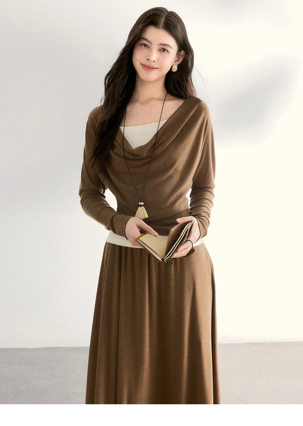 MISHOW Women's Draped Neck Tops with Camisole Two Piece Set 2026 Spring Long Sleeve Slim Casual Soft Brown Tops MXF11T1458