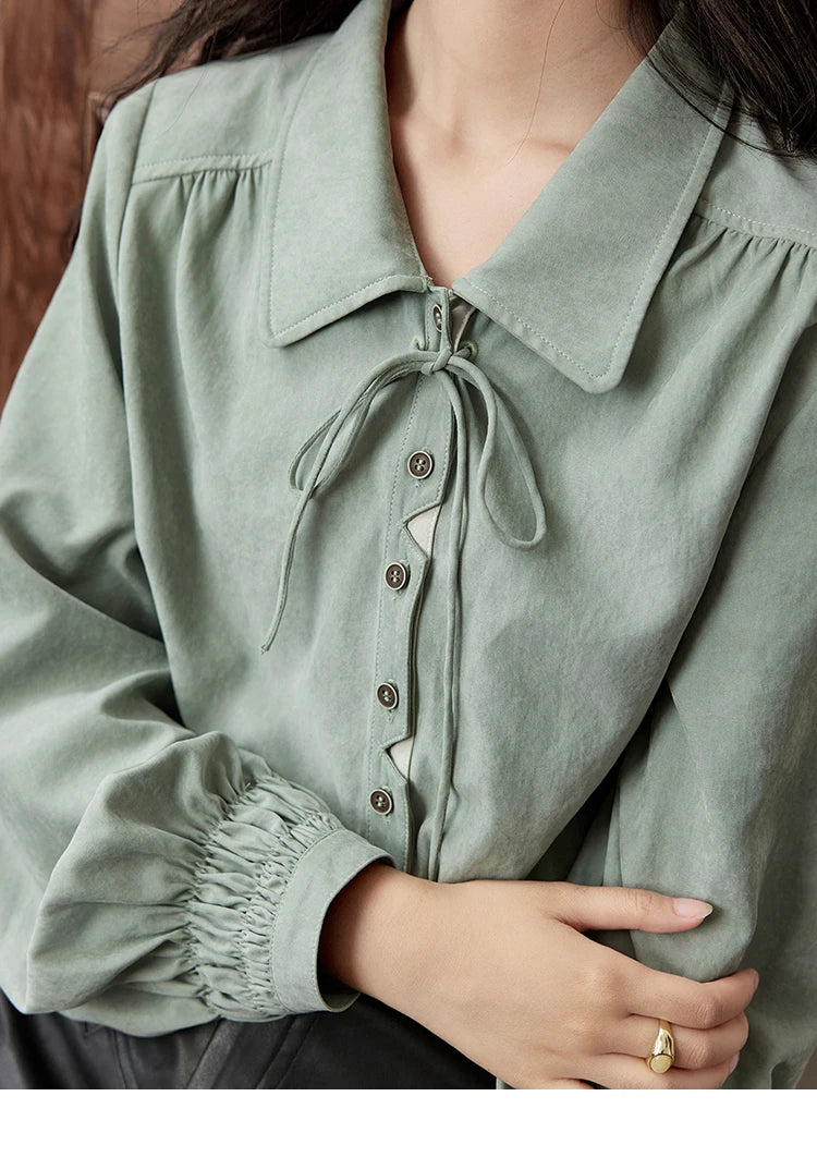 MISHOW Vintage Green Blouse Bow Lace-Up Lantern Sleeve MXD44C0337